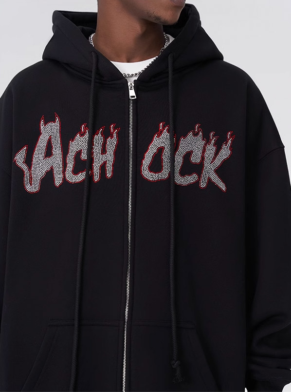 Achock Hot Rhinestone Fire Zipper Hoodie