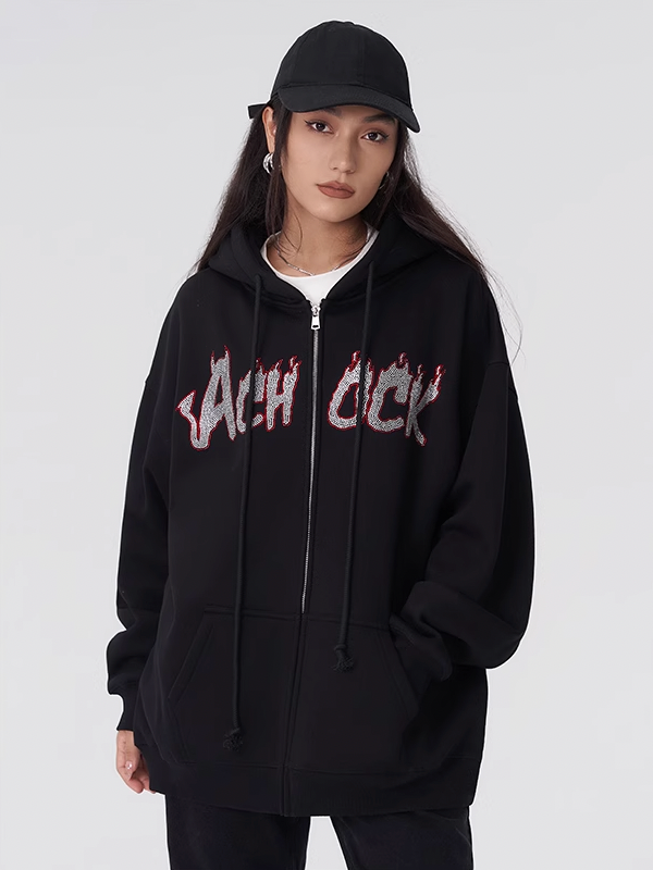 Achock Hot Rhinestone Fire Zipper Hoodie
