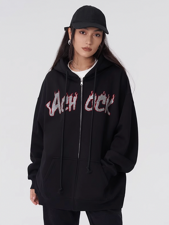 Achock Hot Rhinestone Fire Zipper Hoodie