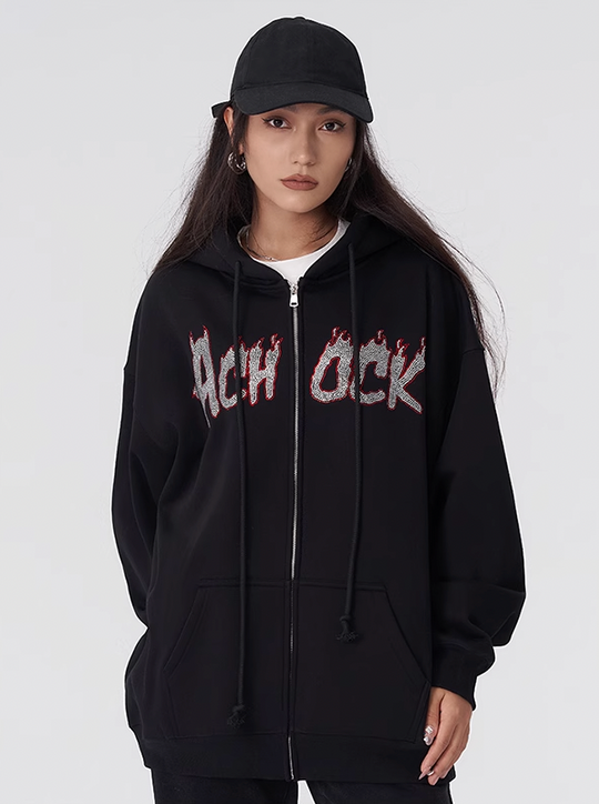 Achock Hot Rhinestone Fire Zipper Hoodie