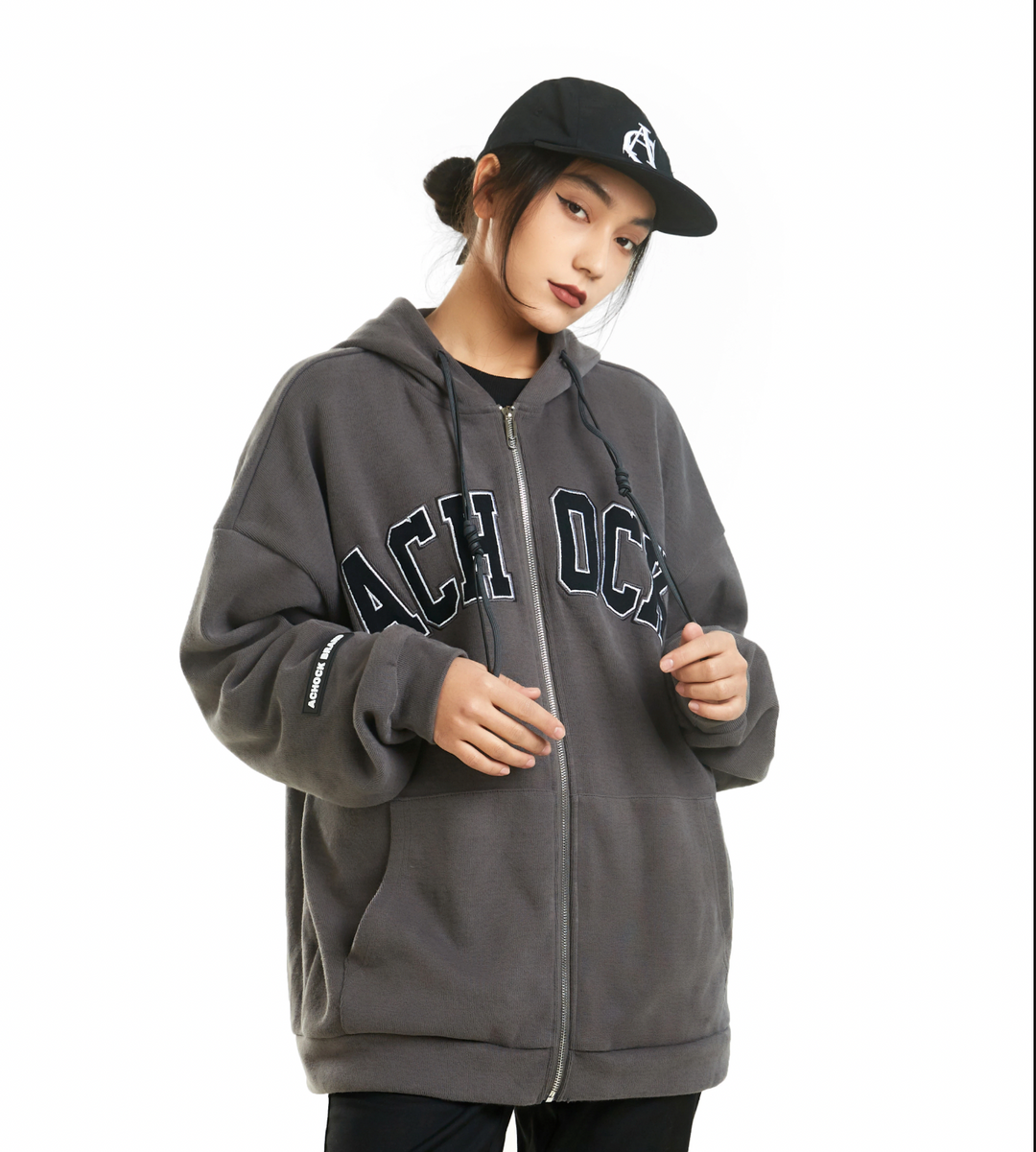 Achock Zipper Drawstring Letter Embroidered Hoodie