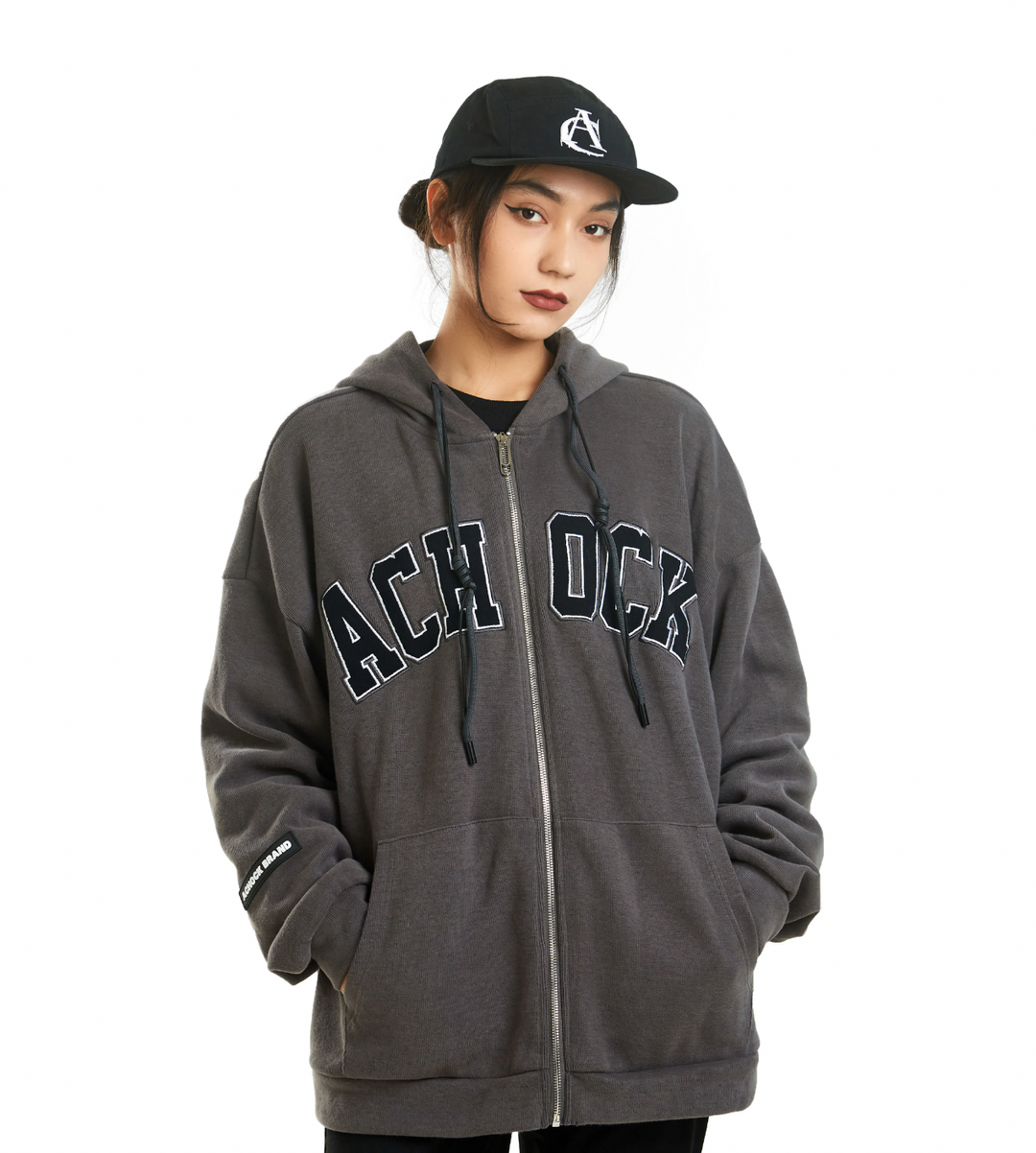Achock Zipper Drawstring Letter Embroidered Hoodie