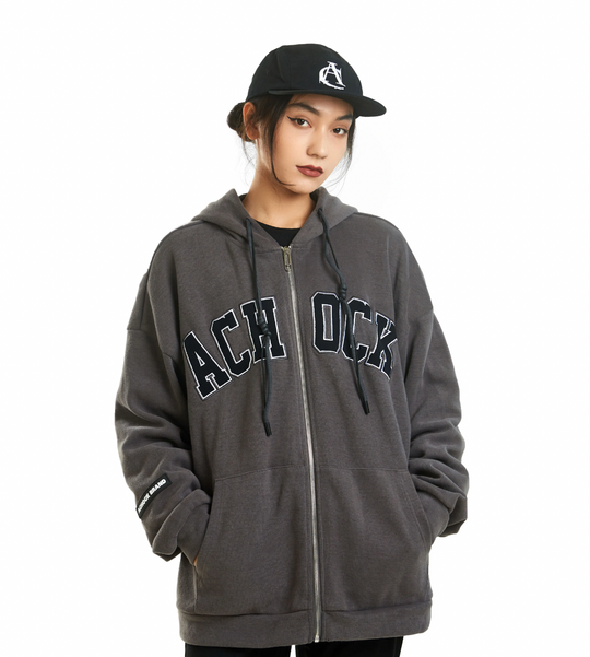 Achock Zipper Drawstring Letter Embroidered Hoodie