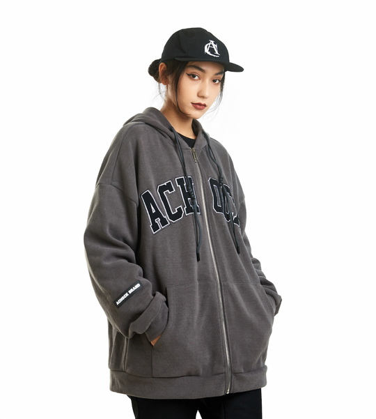 Achock Zipper Drawstring Letter Embroidered Hoodie
