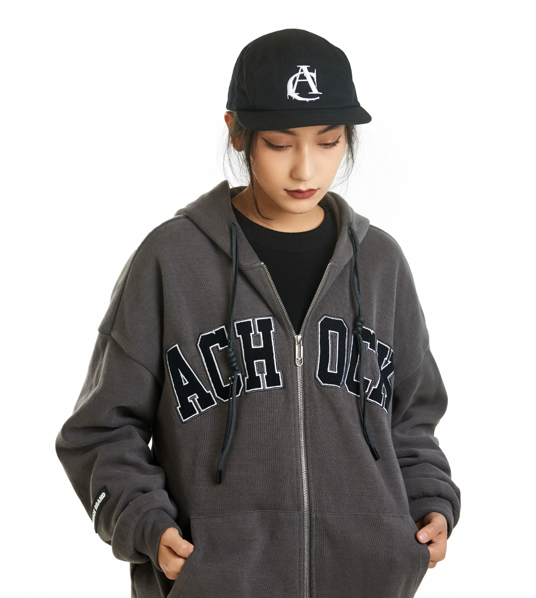 Achock Zipper Drawstring Letter Embroidered Hoodie