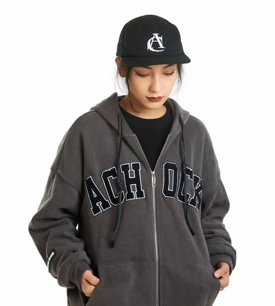 Achock Zipper Drawstring Letter Embroidered Hoodie