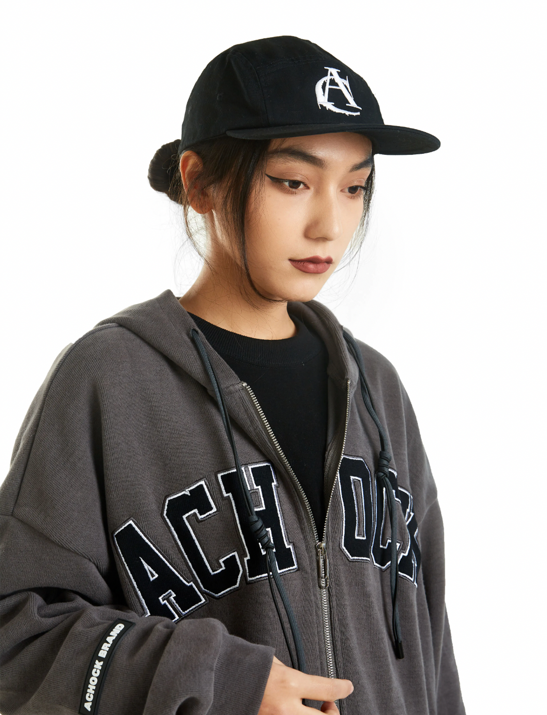 Achock Zipper Drawstring Letter Embroidered Hoodie