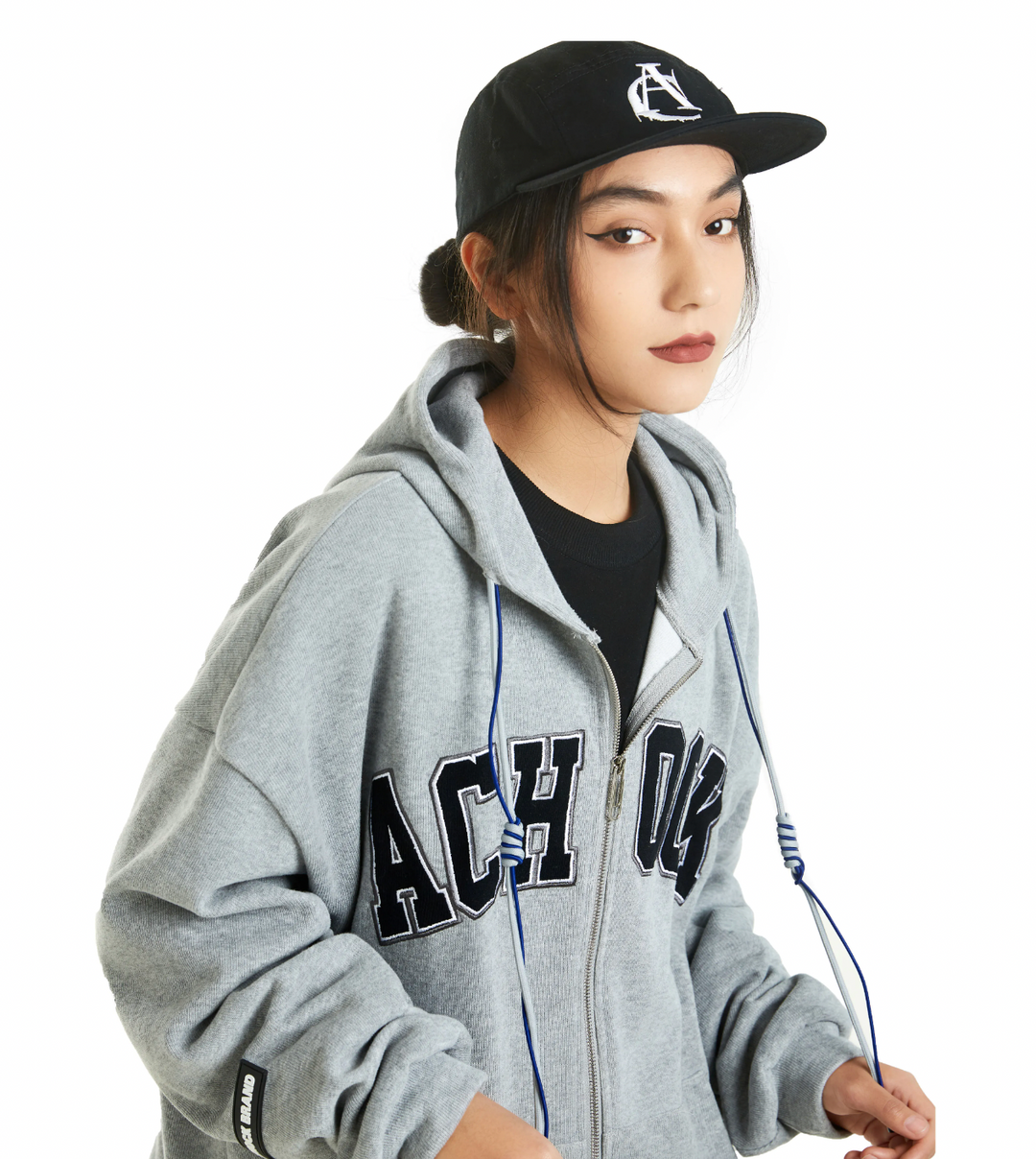 Achock Zipper Drawstring Letter Embroidered Hoodie