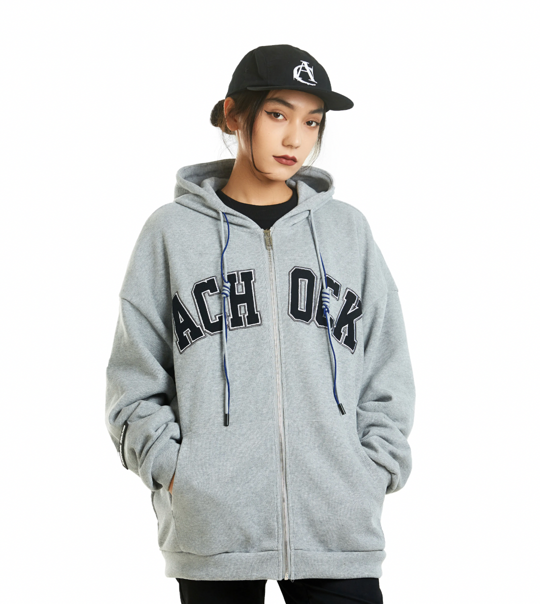 Achock Zipper Drawstring Letter Embroidered Hoodie