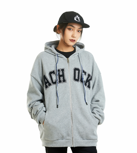 Achock Zipper Drawstring Letter Embroidered Hoodie