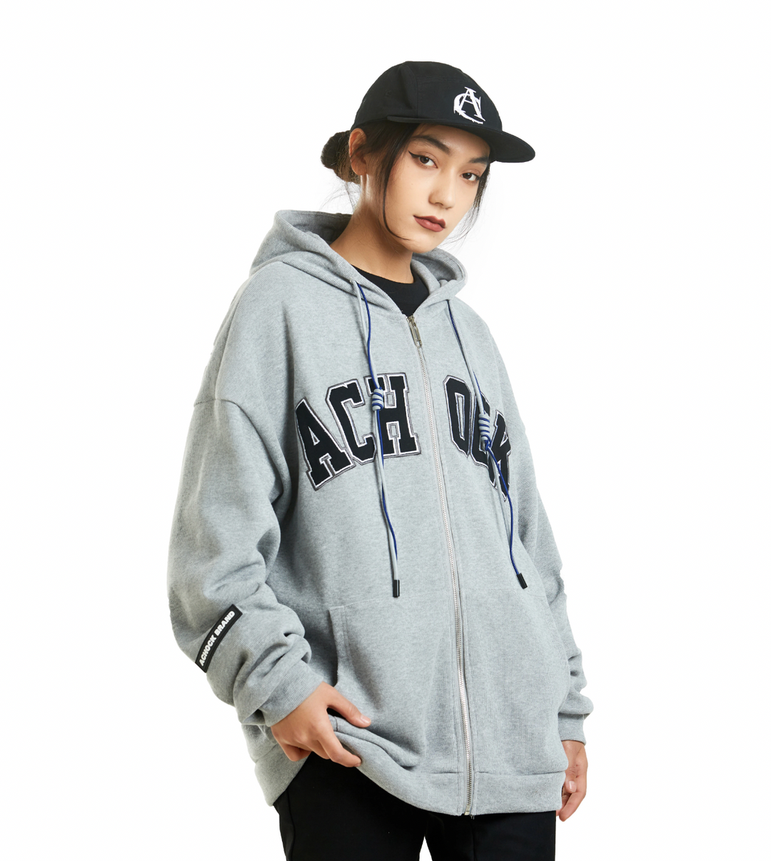 Achock Zipper Drawstring Letter Embroidered Hoodie