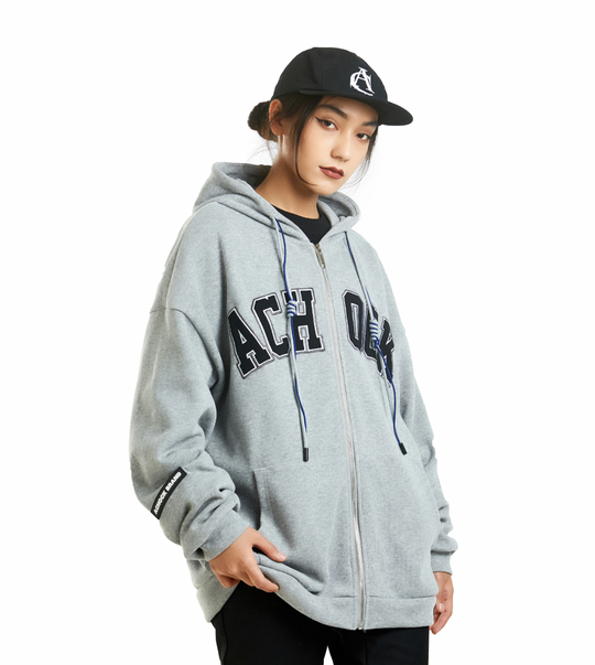 Achock Zipper Drawstring Letter Embroidered Hoodie