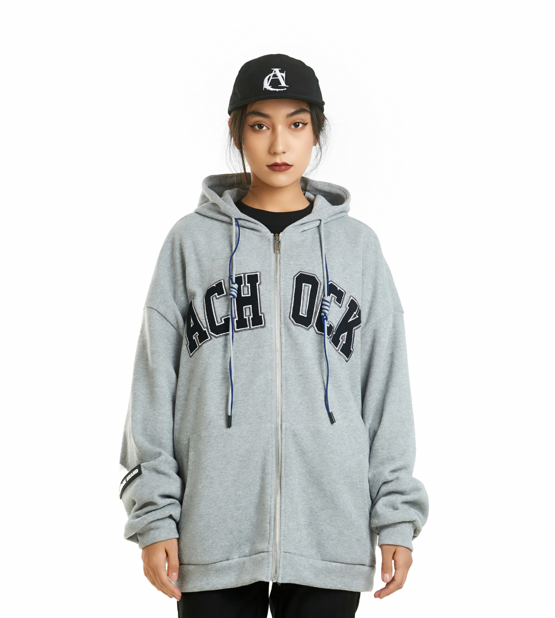 Achock Zipper Drawstring Letter Embroidered Hoodie