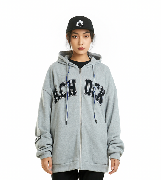 Achock Zipper Drawstring Letter Embroidered Hoodie