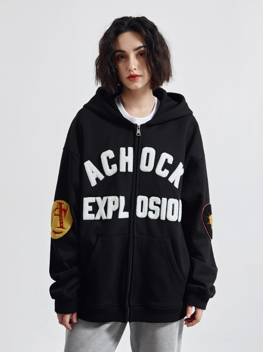 Achock Arm Patch Logo Embroidery Zipper Hoodie | Face 3 Face