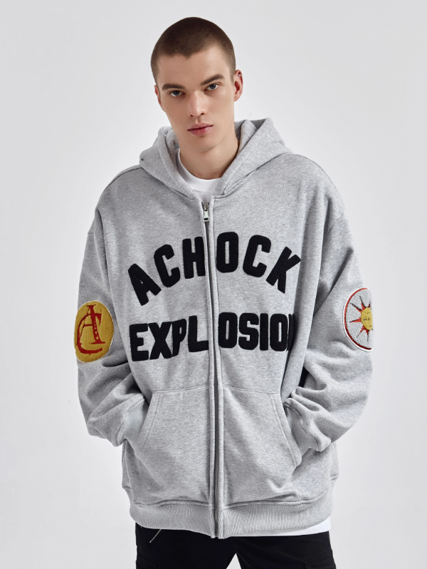Achock Arm Patch Logo Embroidery Zipper Hoodie | Face 3 Face
