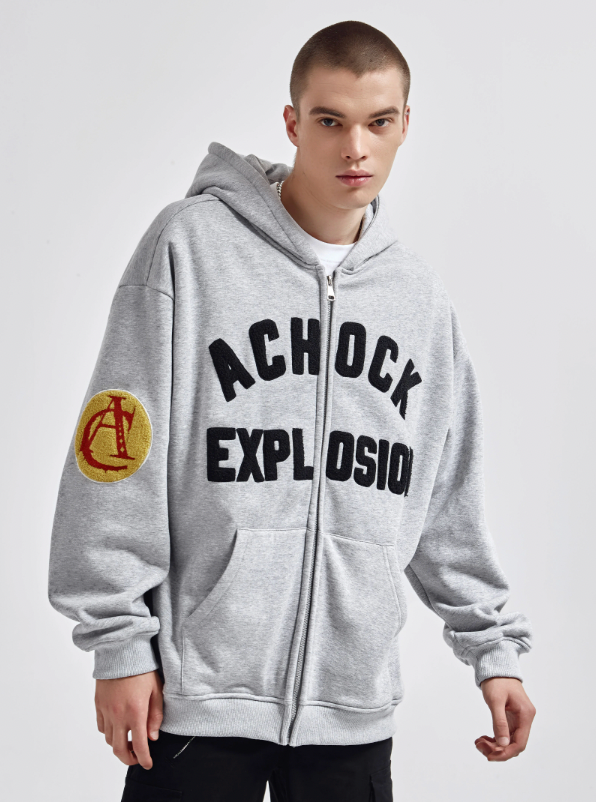 Achock Arm Patch Logo Embroidery Zipper Hoodie | Face 3 Face