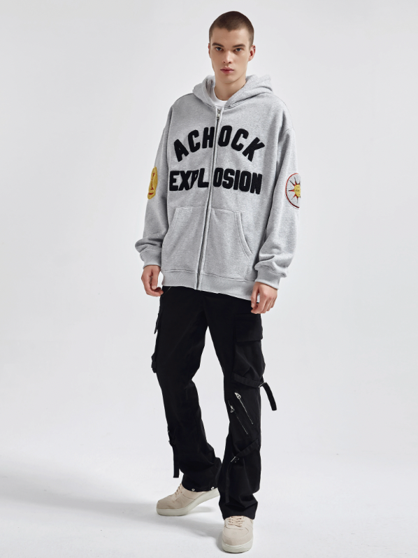 Achock Arm Patch Logo Embroidery Zipper Hoodie | Face 3 Face