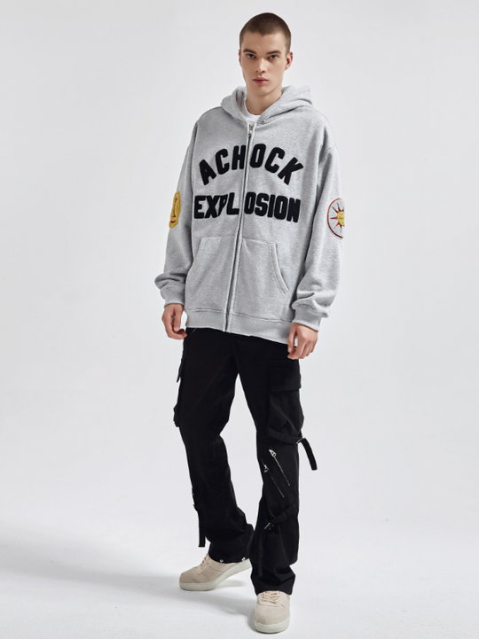 Achock Arm Patch Logo Embroidery Zipper Hoodie | Face 3 Face