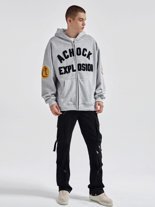 Achock Arm Patch Logo Embroidery Zipper Hoodie | Face 3 Face