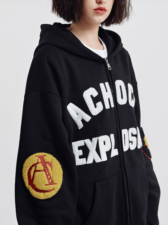 Achock Arm Patch Logo Embroidery Zipper Hoodie | Face 3 Face