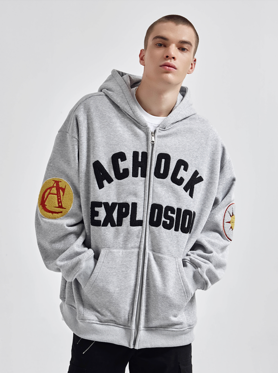 Achock Arm Patch Logo Embroidery Zipper Hoodie | Face 3 Face