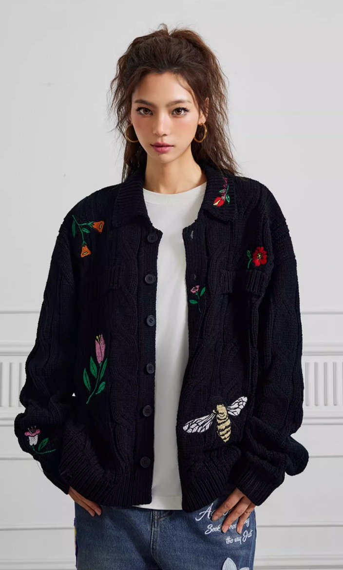 Achock Flower & Bee Embroidery Knit Cardigan | Face 3 Face