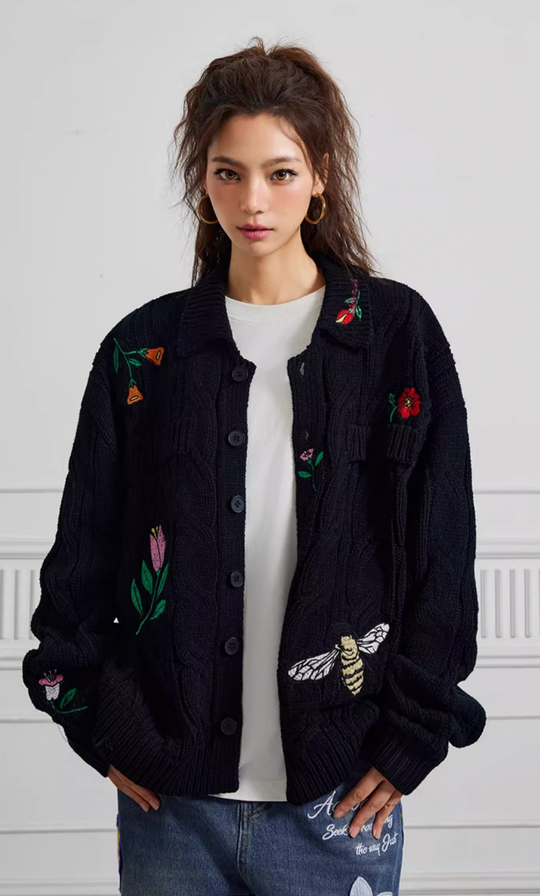 Achock Flower & Bee Embroidery Knit Cardigan | Face 3 Face