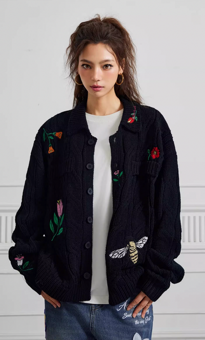 Achock Flower & Bee Embroidery Knit Cardigan