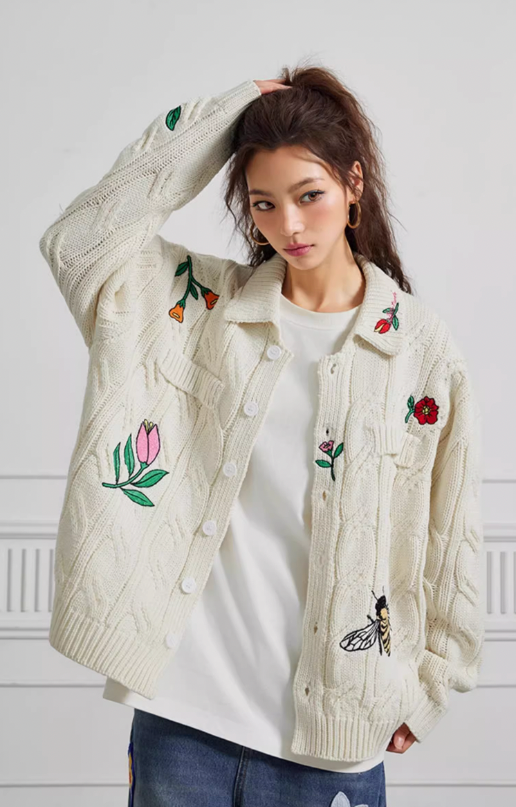 Achock Flower & Bee Embroidery Knit Cardigan | Face 3 Face