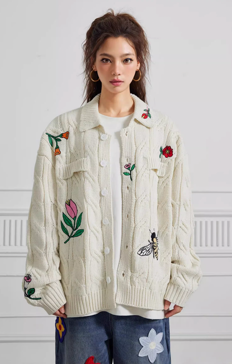 Achock Flower & Bee Embroidery Knit Cardigan | Face 3 Face