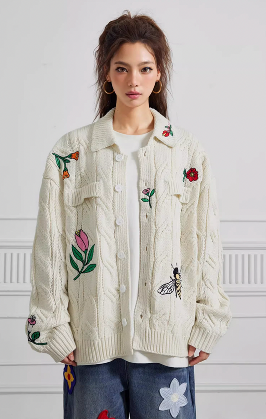Achock Flower & Bee Embroidery Knit Cardigan | Face 3 Face