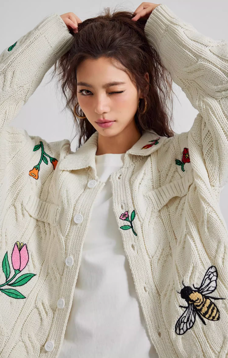 Achock Flower & Bee Embroidery Knit Cardigan | Face 3 Face