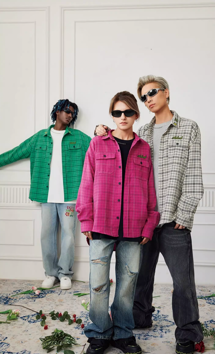 Achock Color Blocking Logo Embroidery Plaid Long Sleeve Shirt | Face 3 Face