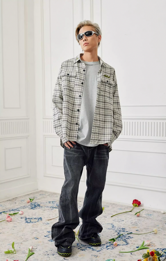 Achock Color Blocking Logo Embroidery Plaid Long Sleeve Shirt | Face 3 Face