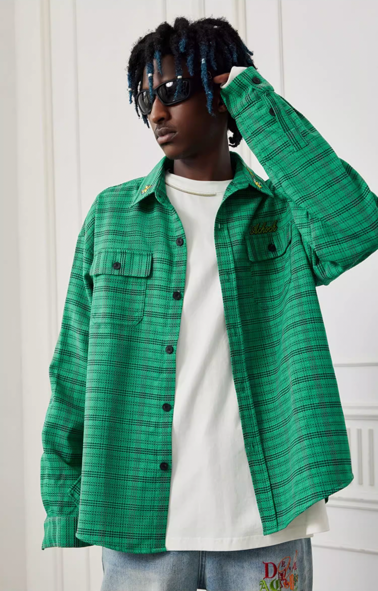 Achock Color Blocking Logo Embroidery Plaid Long Sleeve Shirt | Face 3 Face