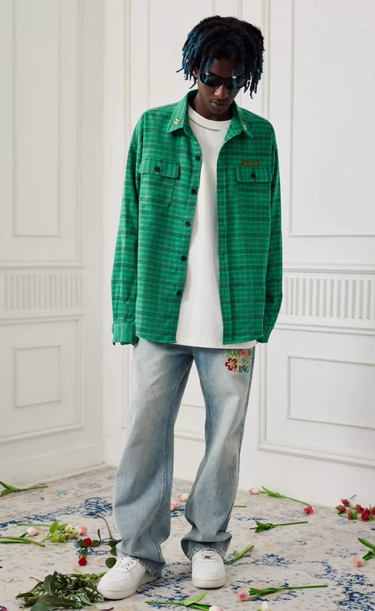 Achock Color Blocking Logo Embroidery Plaid Long Sleeve Shirt | Face 3 Face