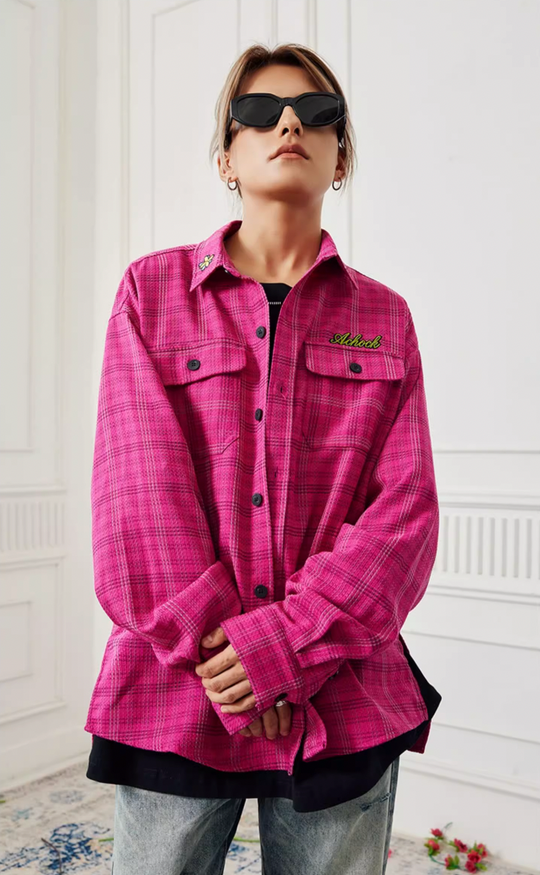 Achock Color Blocking Logo Embroidery Plaid Long Sleeve Shirt | Face 3 Face