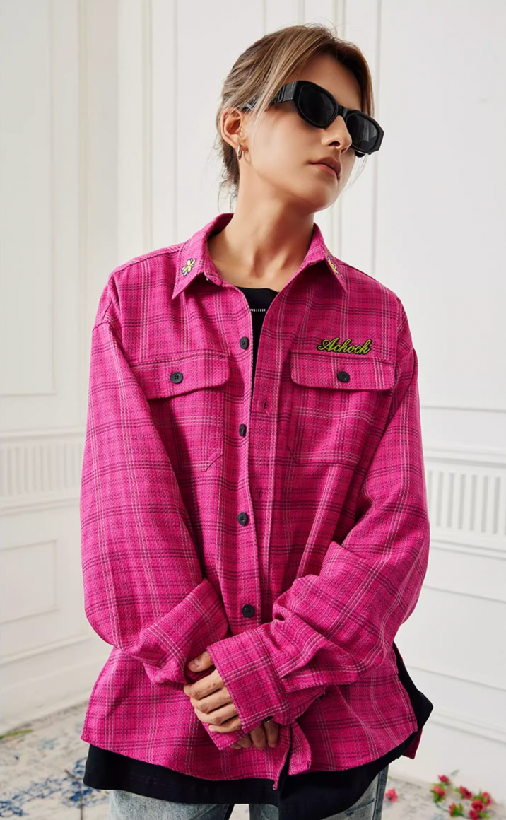 Achock Color Blocking Logo Embroidery Plaid Long Sleeve Shirt | Face 3 Face