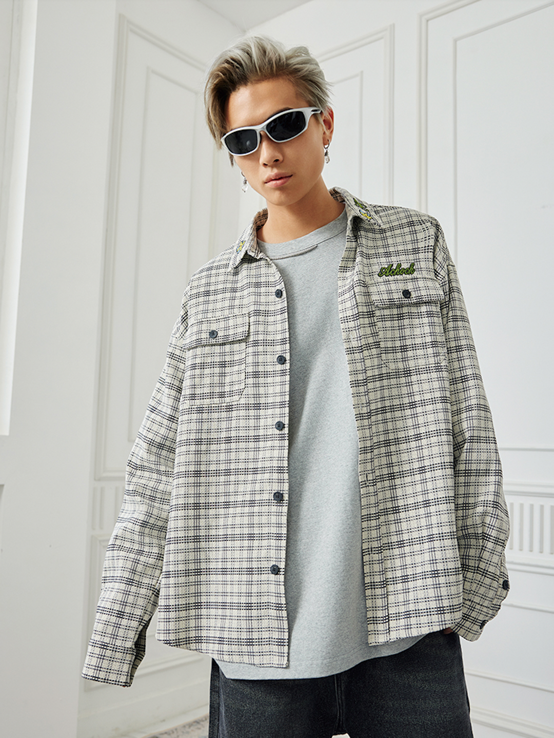 Achock Color Blocking Logo Embroidery Plaid Long Sleeve Shirt | Face 3 Face