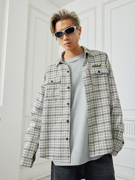 Achock Color Blocking Logo Embroidery Plaid Long Sleeve Shirt | Face 3 Face