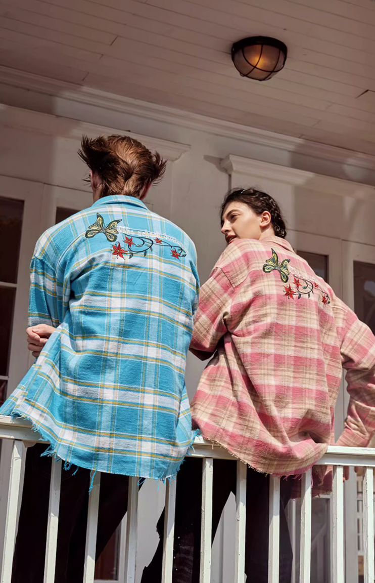 Achock Embroidery Fringe Plaid Long Sleeve Shirt | Face 3 Face