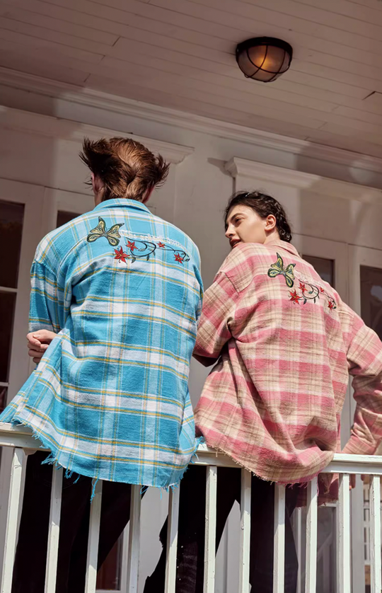 Achock Embroidery Fringe Plaid Long Sleeve Shirt | Face 3 Face