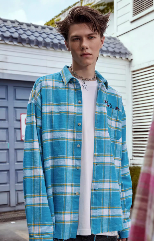 Achock Embroidery Fringe Plaid Long Sleeve Shirt | Face 3 Face