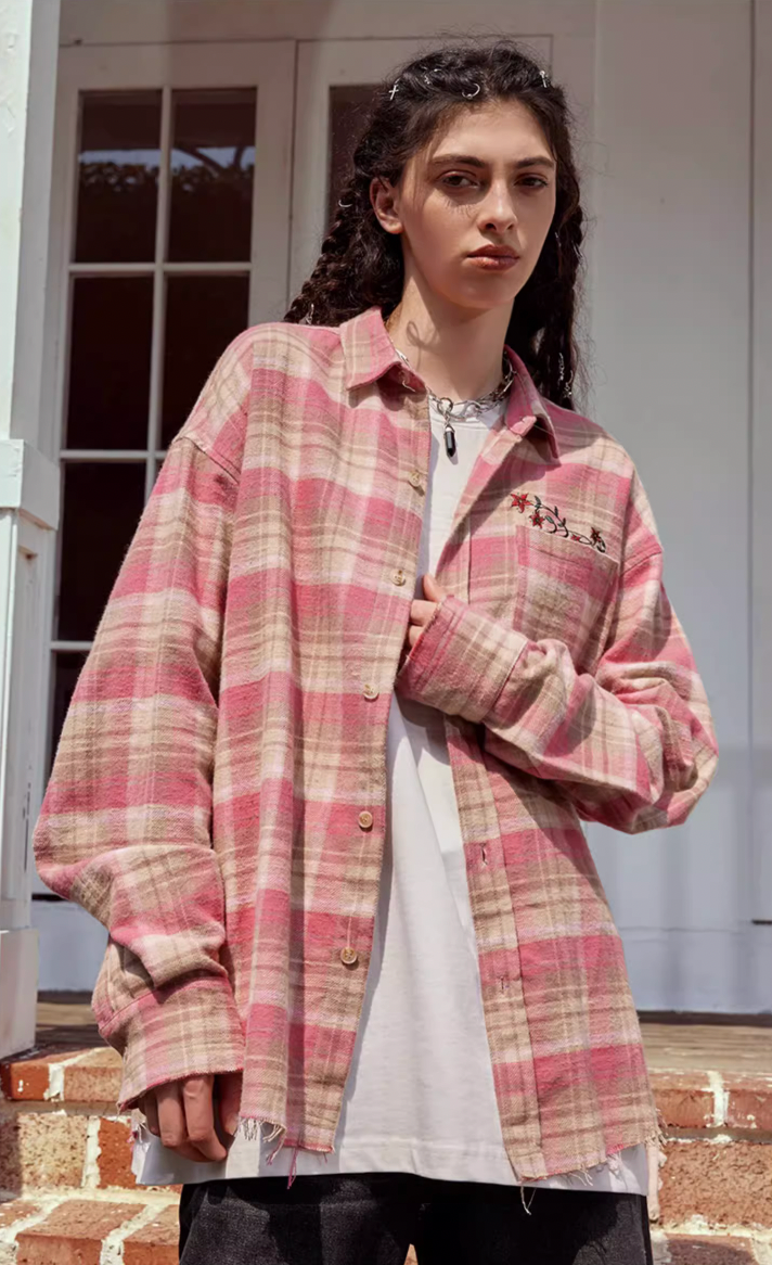 Achock Embroidery Fringe Plaid Long Sleeve Shirt | Face 3 Face