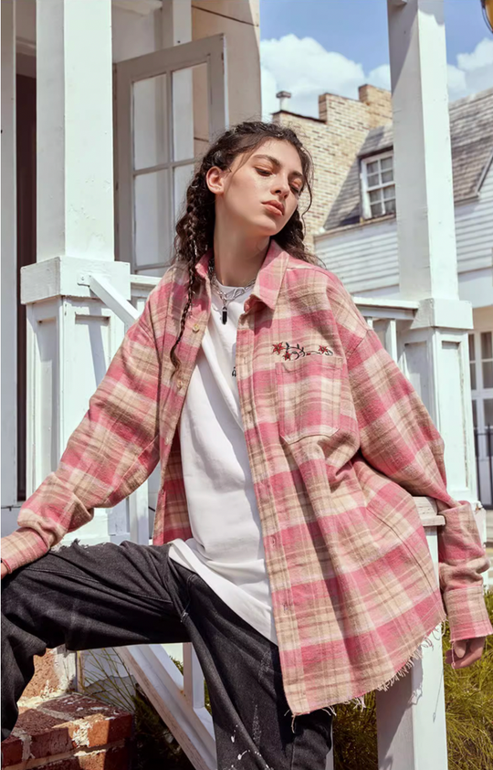 Achock Embroidery Fringe Plaid Long Sleeve Shirt | Face 3 Face