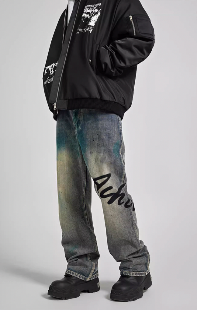 Achock Washed Logo Printed Denim Jeans
