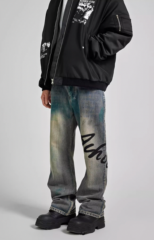 Achock Washed Logo Printed Denim Jeans