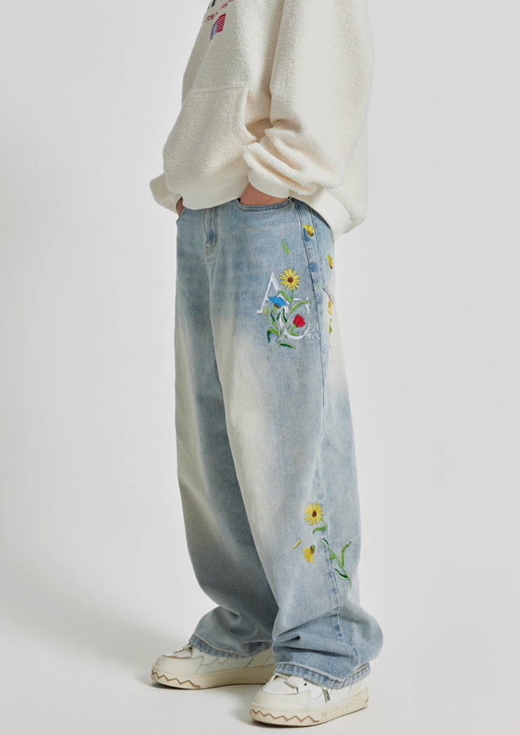 Achock Logo & Flower Embroidery Draped Denim Jeans