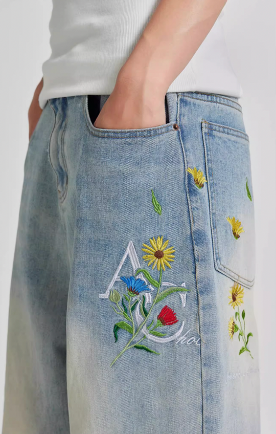 Achock Logo & Flower Embroidery Draped Denim Jeans